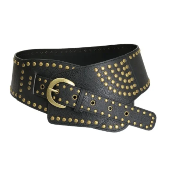 Belt M L Wide Studded Rocker Belts Retro Punk Fashion Brown Black Belt - Picture 4 of 14